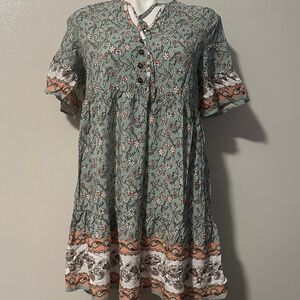 Floral Tiered Babydoll Dress in Sage Green and Rust